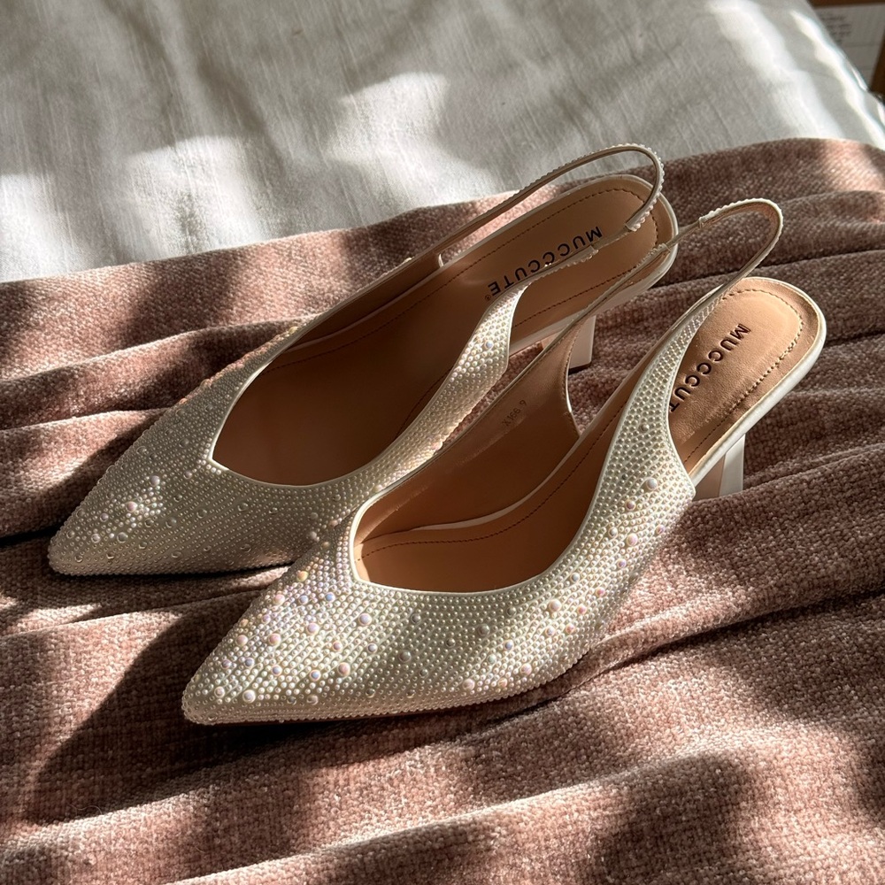 Embellished Ivory Slingback Kitten Heel Pumps